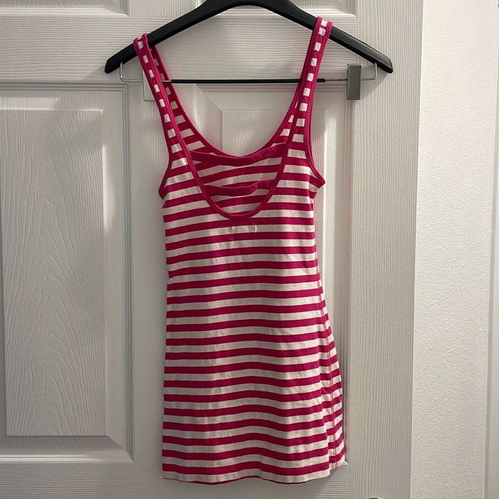 Hot Pink & White Stripe Longline Hollister Tanktop Size XS Rouched Sides Straps - Picture 3 of 4